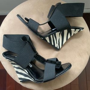 Manolo Blahnik black & white zebra wedge open toe size 37 heel 3” never worn
